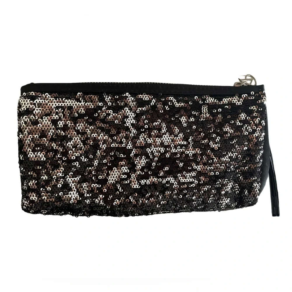 Victoria's Secret Black and Silver Sequin Double Zip Clutch Wristlet